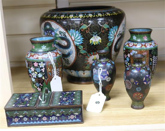 A Chinese cloisonne jardiniere, two similar pairs of vases and a cigarette box and a Japanese bronze vase with pierced handles (a.f)